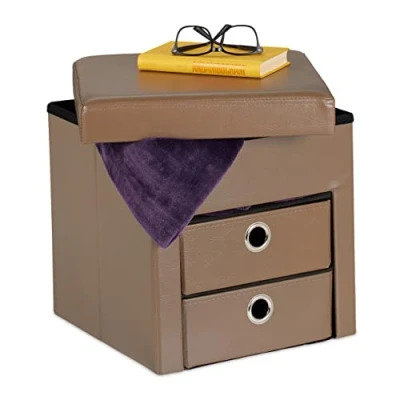 Imagen de Relaxdays Taburete Tapa, Reposapiés con 2 Cajones, Plegable, Acolchado, Cuadrado, 38 x cm, Taupé, Tablero de Fibras, 38T 38B 38H cm