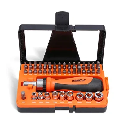 Imagen de WELLCUT Juego de 44 puntas universales trinquete y destornillador con funda, hexagonal/torx/ranurado/Phillips/Pozidriv/cuadrado para bricolaje/reparación electrónica/herramientas manuales,