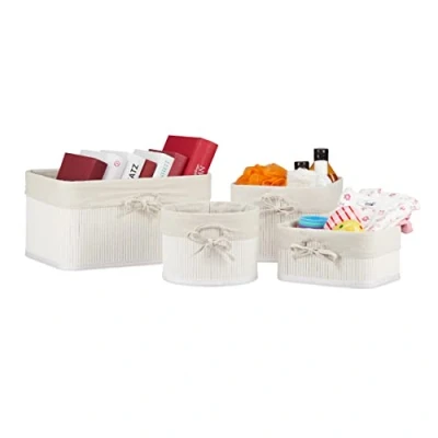Imagen de Relaxdays Cestos Almacenaje Set de 4, Bambú y Funda Tela, 4 Tamaños, Caja Juguetes, Cosméticos Toallas, Blanco