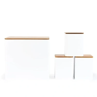 Imagen de Salter BW12900WEU7 Toronto Juego de 4 piezas para encimera panera, recipientes té, azúcar y café, acabado blanco con revestimiento polvo, tapas madera acacia, elegantes