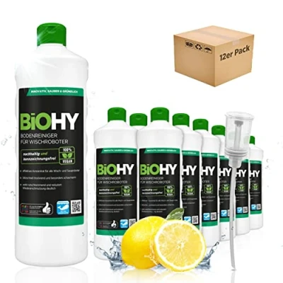 Imagen de BiOHY Limpiador pisos para robots limpiadores (12 botellas de 1 litro) + Dosificador Concentrado todos robot aspirador con función húmeda (Wischroboter)