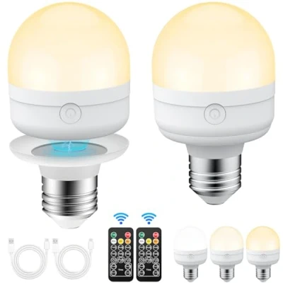 Imagen de BOOTEEK 2 Piezas Bombilla Recargable con Mando, 3 Temperaturas de Color Regulable, LED E27 Desmontable Temporizador, Inalámbrica para Lámparas Sin Cableado, Decoración del Hogar
