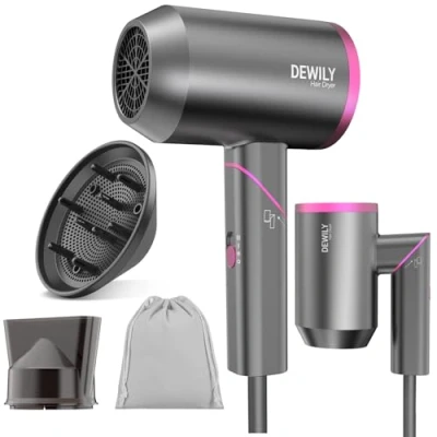 Imagen de DEWILY Secador de pelo Viaje con Difusor，Secador Iónico Profesional 1800W， secadores Pequeño Potente，Mini Concentrador， 3 Temperaturas, Compact Plegable