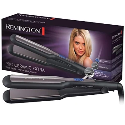 Imagen de Remington Plancha de Pelo Pro Ceramic Extra, Cerámica Avanzada Ultra, Placas Flotantes Anchas, Temperatura hasta 230C, Función Turbo y Bloqueo Temperatura, Digital, Calentamiento 15s, S5525
