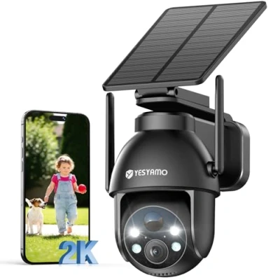 Imagen de YESYAMO 2K Cámara Vigilancia WiFi Exterior Solar con Batería, Panel Solar, 2.4GHz Wi Fi IP66, 360 PTZ, Visión Nocturna Color, Audio Bidireccional, PIR Sirena, Negra