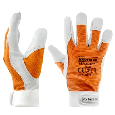 Imagen de EXBRIECO Guantes de Piel Cordero para Jardinería y Construcción, Trabajo Profesionales en Cuero, Protección CAT 2, Resistentes a las Espinas, Ajustables con Cinta Velcro