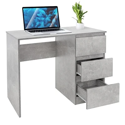 Imagen de ML Design Escritorio con 3 Cajones 90x76x50 cm Gris Aspecto de Cemento Tapas Gran Espacio Almacenamiento Mesa Trabajo para Ordenador Portátil PC en Oficina y Homeoffice