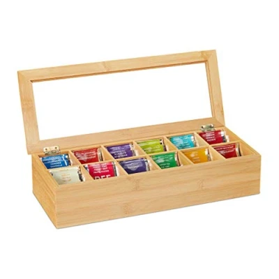 Imagen de Relaxdays Caja, Bambú, 12 Compartimentos, Cajita Infusiones con Ventana, Organizador Bolsas Té 9x41x16 cm, Natural