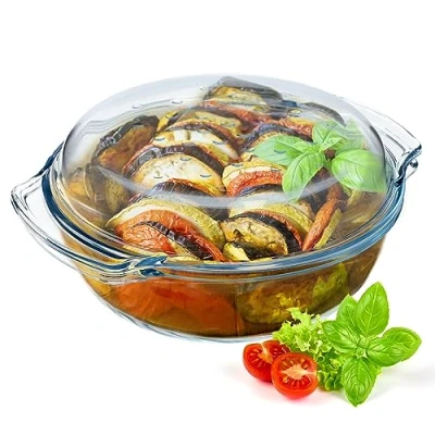 Imagen de KADAX Cacerola de cristal con tapa vidrio resistente al calor, recipiente ignífugo para lasaña, guiso verduras, asador asar en el horno (redondo 2,4 L)