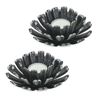 Imagen de Relaxdays Pack de 2 Portavelas, Forma Flor, Candelabros Hierro Fundido, Interior y Exterior, 6x13,5cm, Plateado