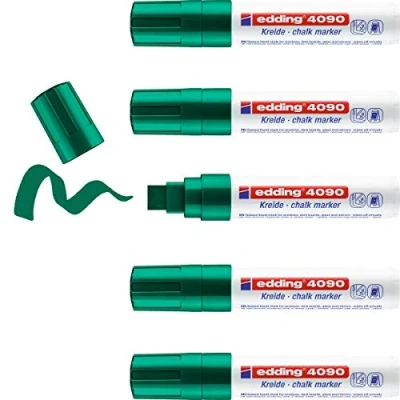 Imagen de edding 4090 marcador de tiza verde 5 rotuladores punta biselada 4 15 mm para cristal borrables pizarras, vidrio y espejos líquida cobertura opaca