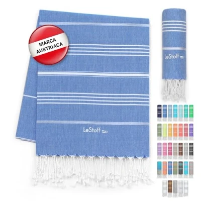 Imagen de LeStoff Fouta Premium 100% algodón orgánico Prelavado, sostenible, Absorbente y de Secado rápido Toalla Playa, baño, Ducha, Yoga, Sauna, Piscina Viaje (95 x 180 cm, Sky Blue)