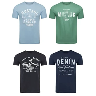 Imagen de Mustang Camiseta de Manga Corta para Hombre, Paquete 4 Unidades, con Estampado Frontal, Cuello Redondo, Corte Normal, 100% algodón, M