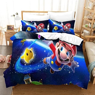 Imagen de Funda Nórdica Super Mario Bros Estampado Motivo Juego De Ropa con Edredón Y Fundas Almohada Cama Suave Acogedora Cremallera Hipoalergénica MicrofibraconDouble（200x200cm）