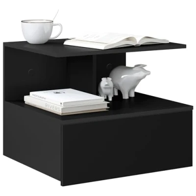 Imagen de WOLTU Mesita de Noche Flotante, Estante Pared, Mesilla con 1 Cajón y Balda Colgantes, Estanteria para Libros Objetos Decoración Mesitas Dormitorio Salón, Negro, 40x35x31cm