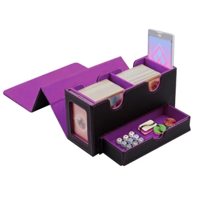 Imagen de Tolesum Caja De Tarjetas Doble Capa Para Mtg, Con Cajón Dados, 2 Ventanas Laterales, Cubierta Magnética Capacidad Más 300 Cartas Commander Tcg Negro Morado
