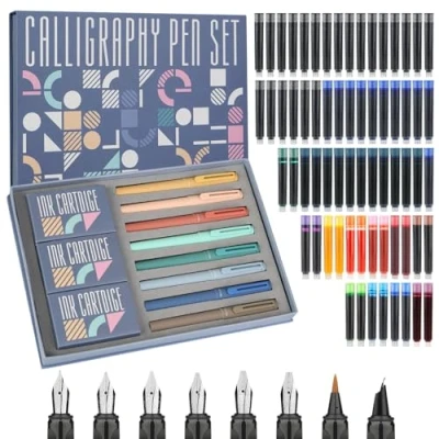 Imagen de GC QUILL Juego de bolígrafos caligrafía 8 plumas estilográficas con diferentes plumas, 66 cartuchos tinta (14 colores) Escritura, dibujo, ejercicio para