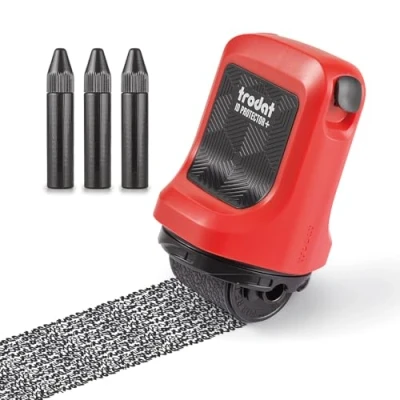 Imagen de Trodat ID Protector+ rodillo de tinta Sello protección contra robo identidad con caja integrada y abrecartas (3 en 1) Incluye 3 tintas recambio