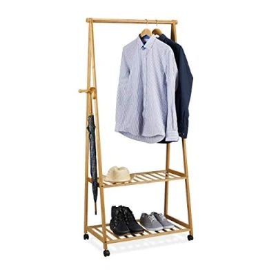 Imagen de Relaxdays Perchero Ruedas, Burro Ropa con 2 Estantes para Zapatos, Colgador, 1 Ud, Bambú, 166 x 84 45 cm, Marrón