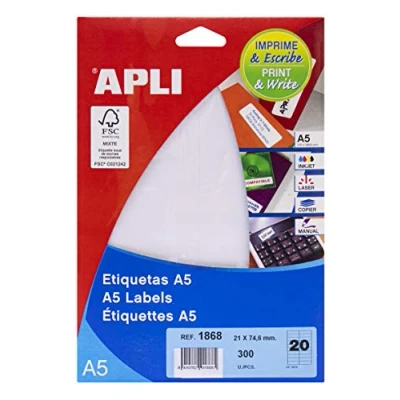 Imagen de APLI 1868 Etiquetas A5 blancas 21,0 x 74,6 mm 15 hojas