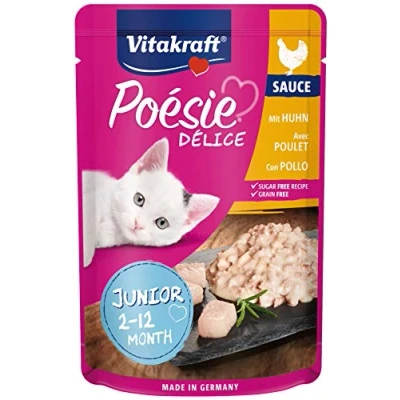 Imagen de Vitakraft Poésie Délice, Junior, comida húmeda para gatos, alimento con filete de pollo en salsa, gatos jóvenes, nutricionalmente equilibrada, sin azúcares añadidos ni cereales (1x 85g)