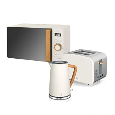 Imagen de Swan Nordic Set Desayuno Hervidor de agua 1,7L 2200W, Tostadora Pan ranura ancha 2 rebanadas, Microondas 20L digital, diseño moderno, efecto madera, blanco