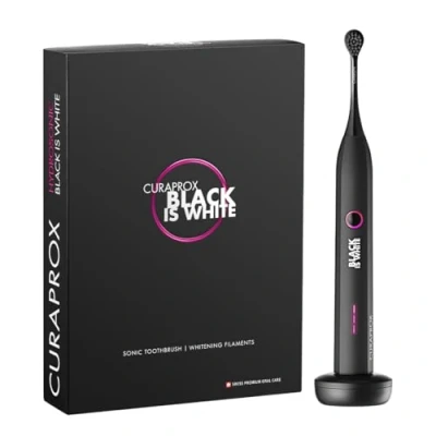 Imagen de Curaprox Black Is White Cepillo dental sónico hidrosónico, 3 niveles de cepillado diferentes, pantalla funciones LED, cabezal con carbón activado, cargador y estuche viaje