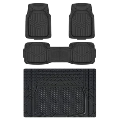 Imagen de Amazon Basics Juego de alfombrillas, universales, resistentes, PVC, con forro carga, protección contra todo tipo clima, ribetes impermeables para auto, SUV, sedán, camiones, 4 unidad, Negro