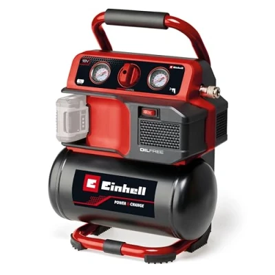 Imagen de Einhell Compresor con batería TE AC 18/75 Li OF Solo Power X Change (18 V, máx. 8 bar, depósito de 5 l, potencia aspiración 75 l/min, 2 manómetros, sin aceite, batería)