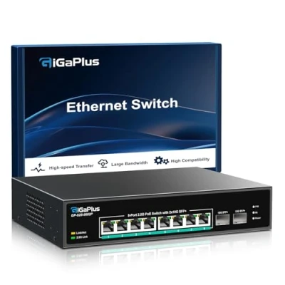 Imagen de Switch PoE no administrado de 10 Puertos y 2.5Gb con 8 Base T 2.5Gb, 2 Enlaces ascendentes SFP+ 10Gb, 802.3af/at (PoE+), GigaPlus para NAS/PC enrutador WiFi6
