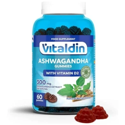 Imagen de VITALDIN Gominolas de extracto Raíz Ashwagandha 60 Gummies, 300 mg KSM 66 &amp; 1.000 IU Vitamina D2 sabor Frutos Rojos Adaptógeno Antiestrés, Calma y relajación Vegano