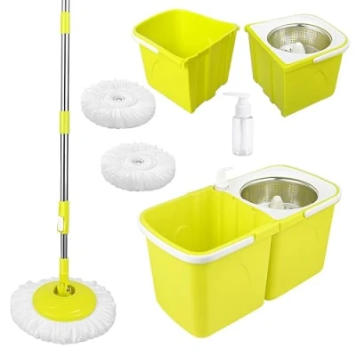 Imagen de ARSUK Set de Cubo y Mopa con 2 Cabezal Microfibra Fregona Giratoria 360 Sistema Escurrido Mopas Limpieza Suelos Mango Telescópico Ajustable para Todo Tipo