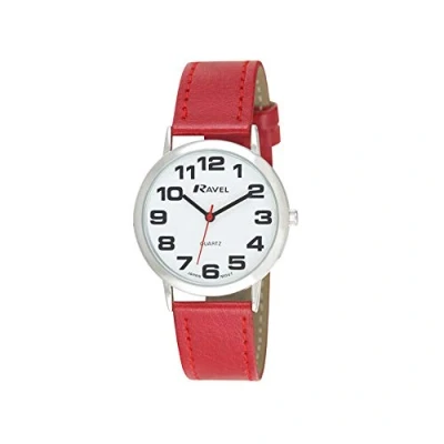 Imagen de Ravel Reloj Mujer de Correa fácil Lectura con números Grandes Rojo/Tono Plateado/Esfera Blanca