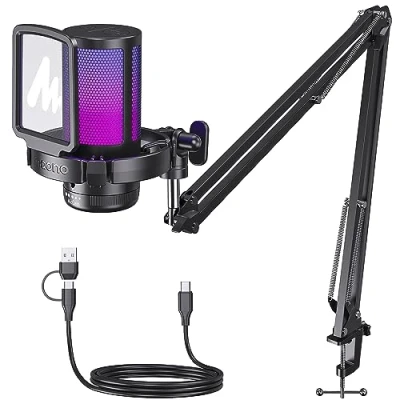 Imagen de MAONO Microfono Gaming, USB Micrófono Condensador con Cancelación de Ruido para Streaming Podcast Studio, Compatible PS5/PS4/Mac Luces RGB Controlables, Botón Silencio, Control Ganancia