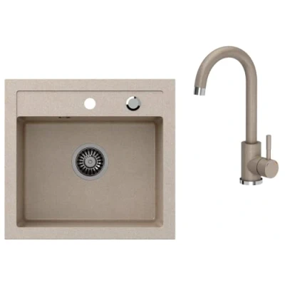 Imagen de VBChome Fregadero con grifo, 50 x 47 cm, de granito, color beige, para empotrar, cocina, empotrable, sifón