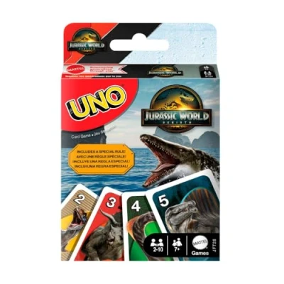 Imagen de Mattel Games UNO Jurassic World El Renacer. Juego de cartas para niños y niñas, familias noches juegos adultos, baraja con reglas especiales e imágenes inspiradas en la película, JFT28