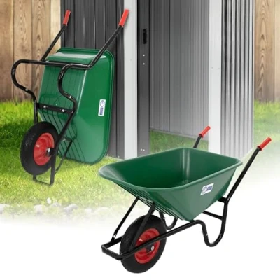 Imagen de ECD Germany Carretilla de Obra y Construcción con Cubeta Acero Polipropileno 100L Artesa Verde Capacidad Carga 150kg Carro Asas Largas Carreta Ruedas Neumáticas Llanta Metálica