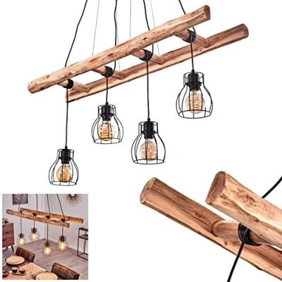 Imagen de lámpara colgante alargada Gondo de metal/madera en negro/madera, techo 4 luces con pantallas forma celosía, regulable individualmente, altura máx. 193 cm, x E27, sin bombilla(s)