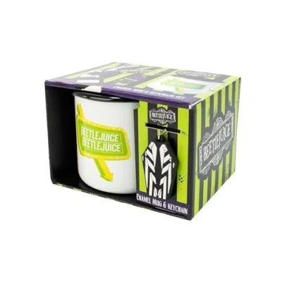 Imagen de Blue Sky Studios Taza esmaltada retro de los años 80 con logotipo Beetlejuice y llavero en forma ataúd caja presentación