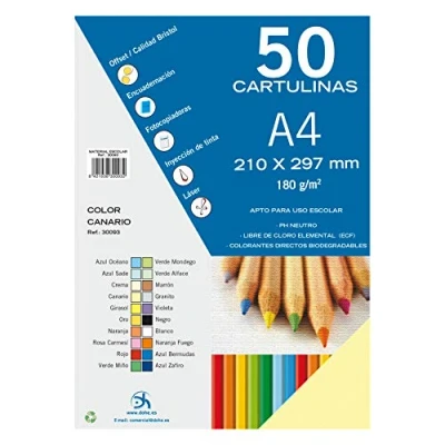 Imagen de Dohe Cartulinas A4 Amarillo Canario para Manualidades e Impresión (50 uds.) 21x29,7 cm 180 g/m² Material de oficina