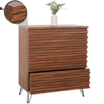 Imagen de Cómoda HWC M49, aparador alto, diseño 3D, 3 cajones, madera maciza de mango y metal, 94 x 80 45 cm, aspecto nogal