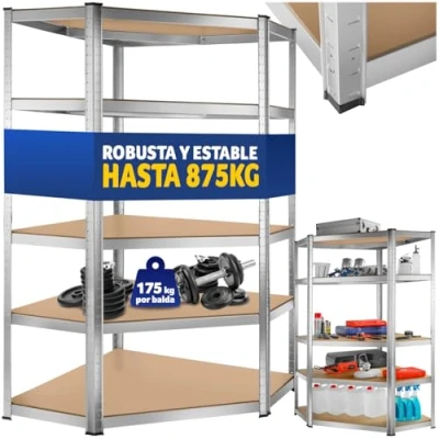 Imagen de TecTake® estantería metálica de 5 estantes Esquina, Ideal para Taller, Garaje o trastero, estanteria Libros, Metalica 89,5 x 180 cm 875 kg Carga Máxima