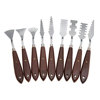 Imagen de Espátula de pintura, 9 piezas diferentes formas Paleta mango madera profesional Conjunto raspador mezcla para artista, pintura al óleo, acrílica