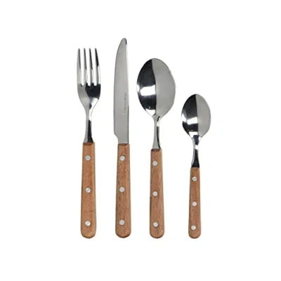 Imagen de Mikasa Juego de Cubiertos 16 Piezas, Acero Inoxidable con Mangos Madera, Pulidos, Tenedores Cena, Cuchillos Cucharas Postre y Cucharillas Té, Colección Drift, 1