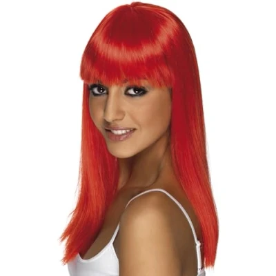 Imagen de Smiffys Peluca Glamourama, rojo neón, larga, recta con flequillo