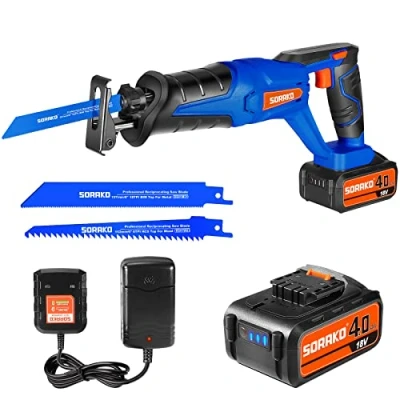 Imagen de SORAKO sierra sable electrica, 18V, con batería de 4,0 Ah ，sierra recíproca velocidad variable 0 3000 SPM，cargador,2 cuchillas，ideal para cortar madera y metal, podar