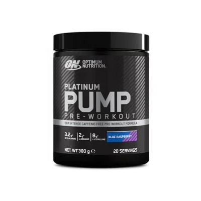 Imagen de ON Platinum PUMP Pre Entrenamiento, Suplemento Alimenticio Entrenamiento Intenso sin Cafeína con Fruitflow, Beta Alanina, L Arginina, Citrulina, Sabor Blue Raspberry, 20 porciones, 380 g