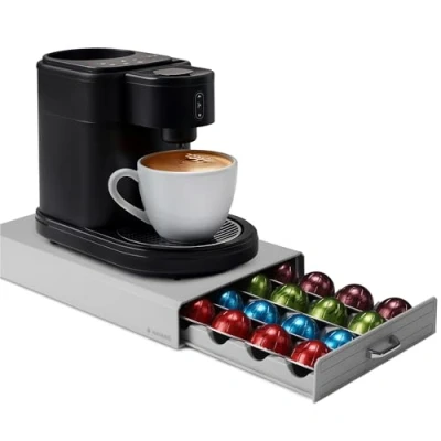 Imagen de Navaris Dispensador de cápsulas café Compatible con Vertuo y Nespresso Cajón Soporte para cafetera Accesorio Capacidad 24x cápsula Gris