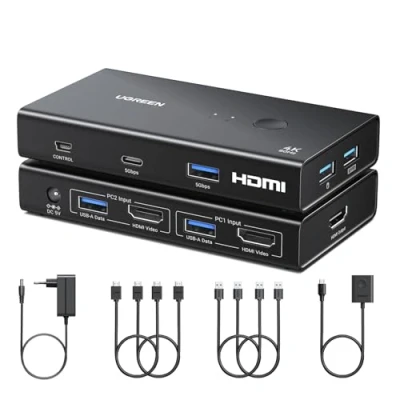 Imagen de UGREEN Switch KVM HDMI 4K 60Hz 2 Entradas 1 Salida con 4 Puertos USB A y C 3.0 para Teclado Ratón Impresora Cables Adaptador de Corriente Controlador Escritorio