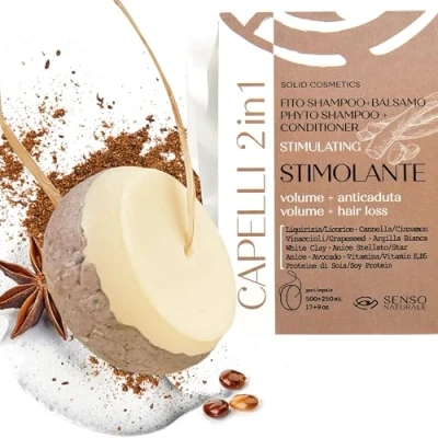 Imagen de Senso Naturale Champu y Acondicionador Sólido Estimulante Anticaída Para Cabello Débil, Estimula el Crescimento del Contra Adelgazamiento, 100% Natural, Bio Vegano pH 4.5 5.5 (2 en 1)